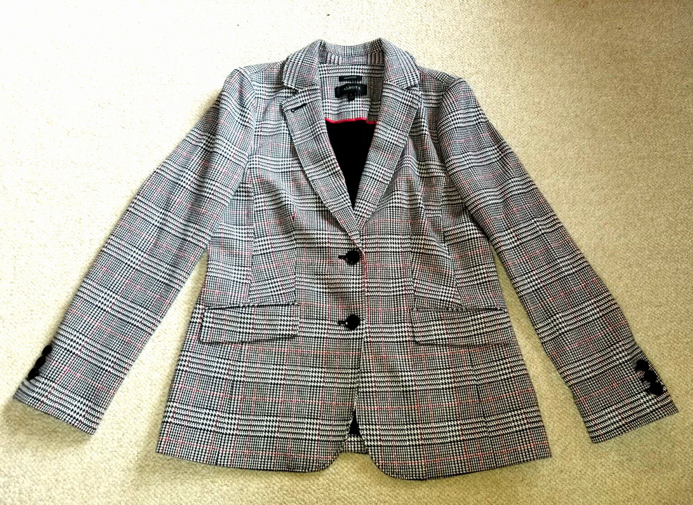 Womens Jacket-TALBOTS-white/navy/red plaid cotton lined "Aberdeen" knit blazer-8